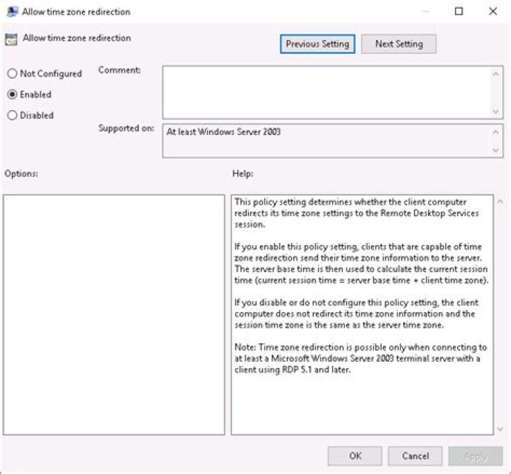 Where to find the allow time zone redirection policy?